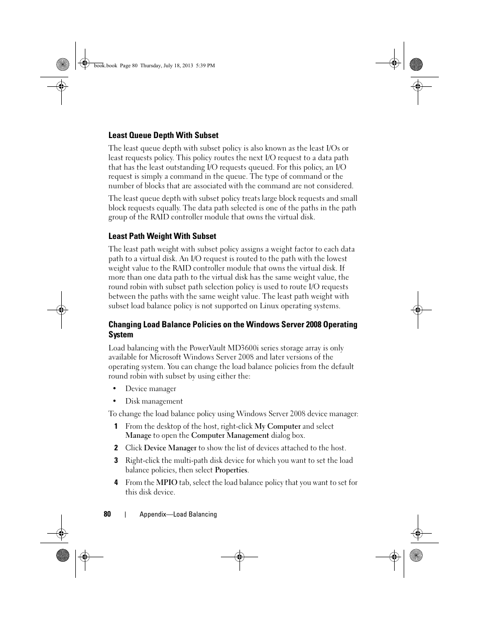 Least queue depth with subset, Least path weight with subset, Changing load balance policies on the | Windows server 2008 operating system | Dell POWERVAULT MD3620I User Manual | Page 80 / 86