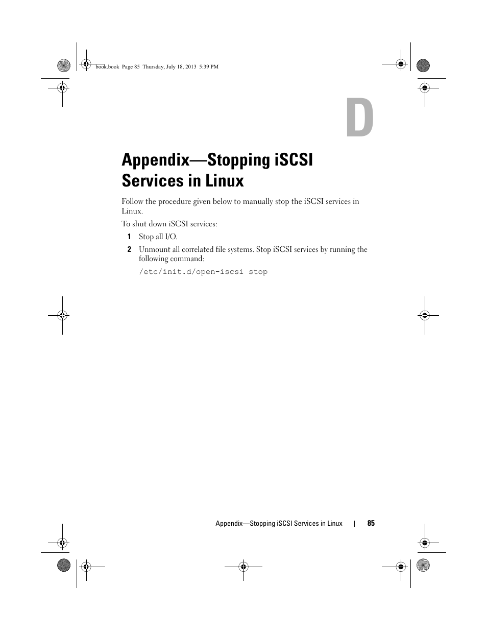 Appendix-stopping iscsi services in linux, Appendix—stopping iscsi services, In linux | Appendix—stopping iscsi services in linux | Dell POWERVAULT MD3620I User Manual | Page 85 / 86