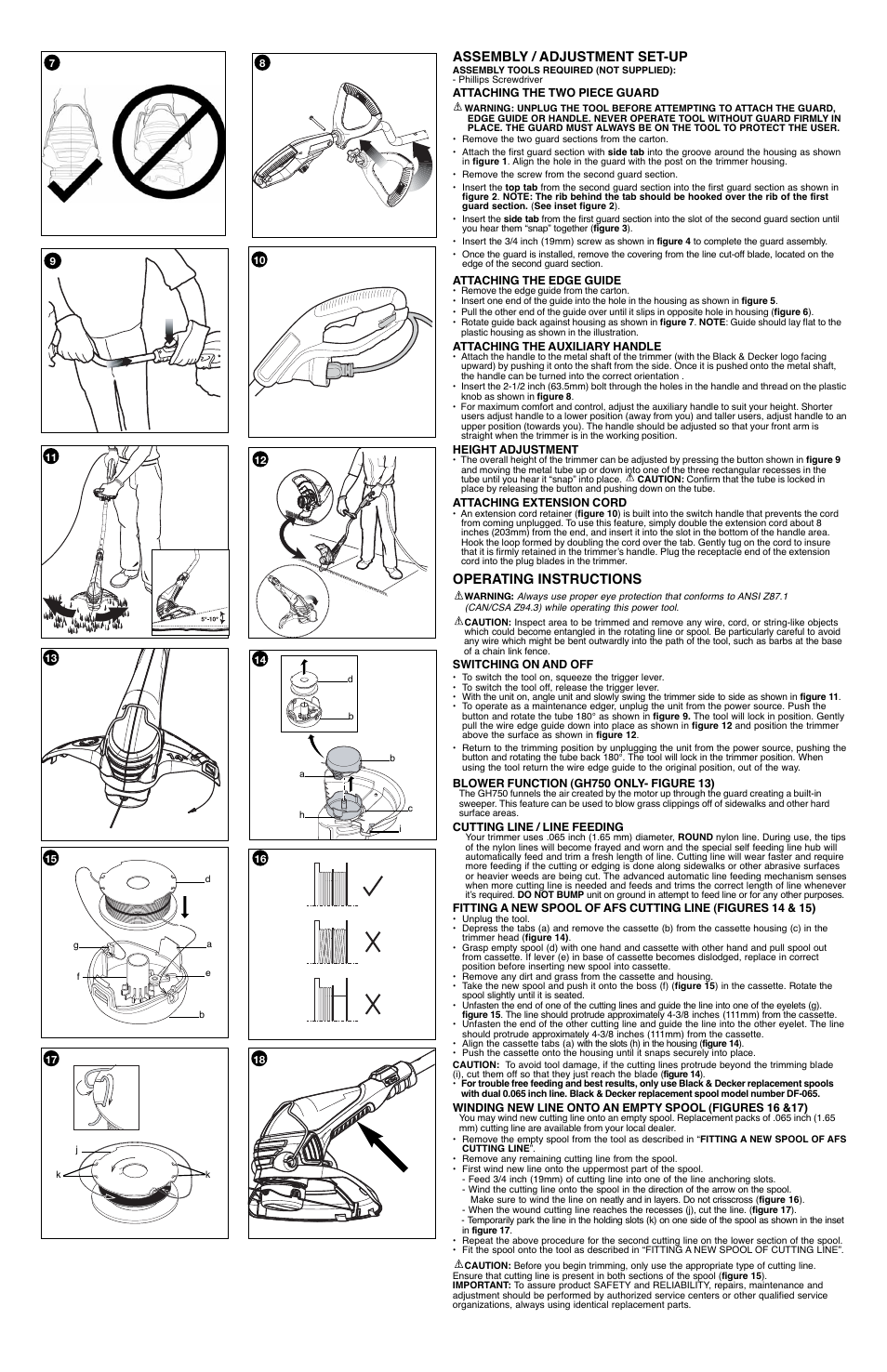 Assembly / adjustment set-up, Operating instructions | Black & Decker GH750 User Manual | Page 2 / 7