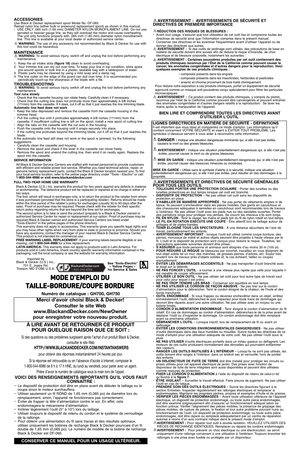 Mode d’emploi du taille-bordure/coupe bordure | Black & Decker GH750 User Manual | Page 3 / 7