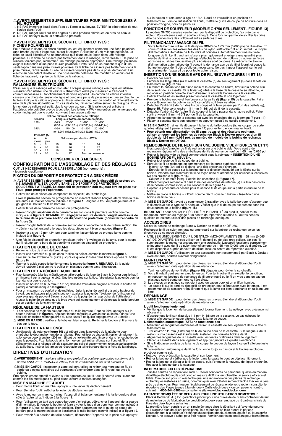 Configuration de lʼassemblage et des réglages, Directives dʼutilisation | Black & Decker GH750 User Manual | Page 4 / 7