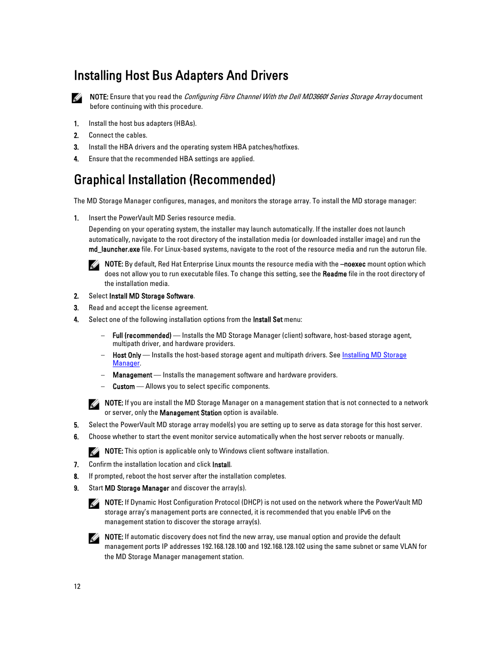 Installing host bus adapters and drivers, Graphical installation (recommended) | Dell PowerVault MD3660f User Manual | Page 12 / 26