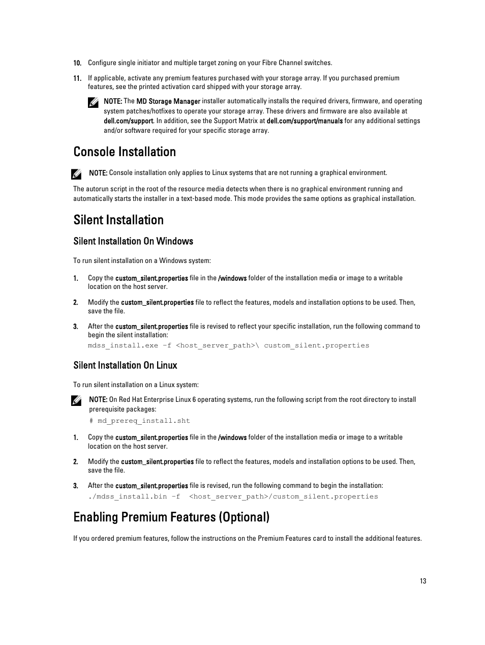 Console installation, Silent installation, Silent installation on windows | Silent installation on linux, Enabling premium features (optional) | Dell PowerVault MD3660f User Manual | Page 13 / 26