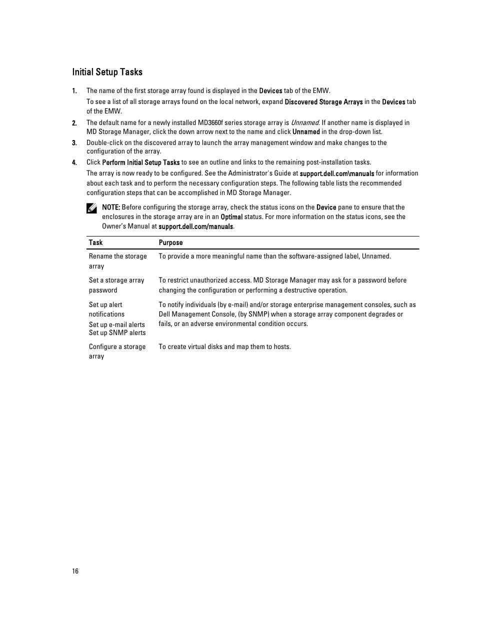 Initial setup tasks | Dell PowerVault MD3660f User Manual | Page 16 / 26