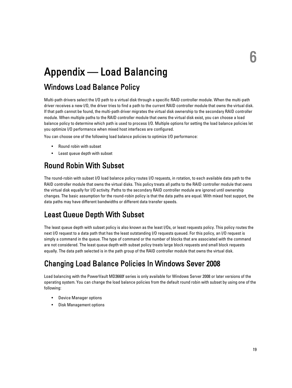 Appendix — load balancing, Windows load balance policy, Round robin with subset | Least queue depth with subset, 6 appendix — load balancing | Dell PowerVault MD3660f User Manual | Page 19 / 26