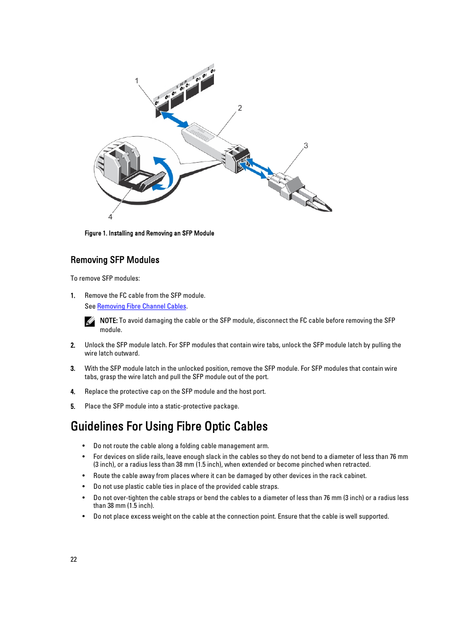 Removing sfp modules, Guidelines for using fibre optic cables | Dell PowerVault MD3660f User Manual | Page 22 / 26