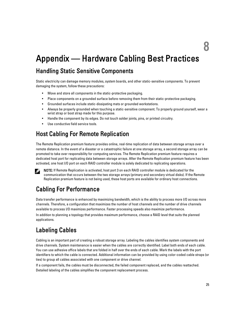 Appendix — hardware cabling best practices, Handling static sensitive components, Host cabling for remote replication | Cabling for performance, Labeling cables, 8 appendix — hardware cabling best practices | Dell PowerVault MD3660f User Manual | Page 25 / 26