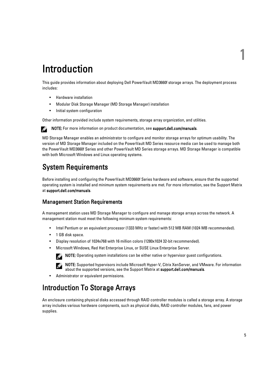 Introduction, System requirements, Management station requirements | Introduction to storage arrays, 1 introduction | Dell PowerVault MD3660f User Manual | Page 5 / 26