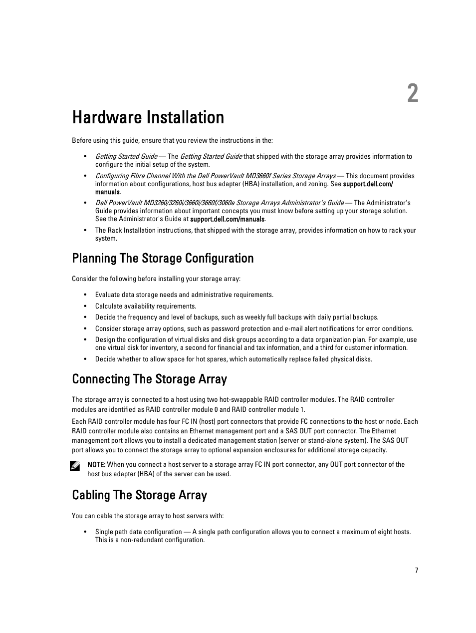Hardware installation, Planning the storage configuration, Connecting the storage array | Cabling the storage array, 2 hardware installation | Dell PowerVault MD3660f User Manual | Page 7 / 26