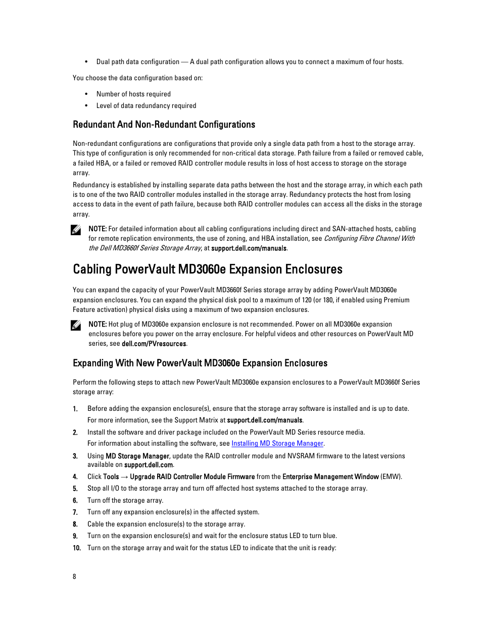Redundant and non-redundant configurations, Cabling powervault md3060e expansion enclosures | Dell PowerVault MD3660f User Manual | Page 8 / 26
