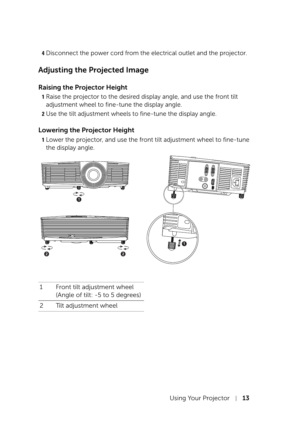 Adjusting the projected image, Raising the projector height, Lowering the projector height | Dell Projector 1220 User Manual | Page 13 / 55
