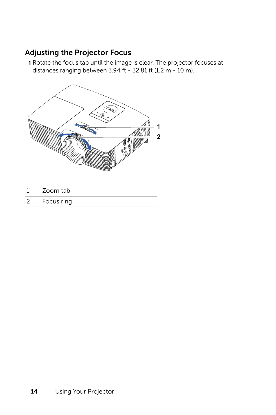 Adjusting the projector focus | Dell Projector 1220 User Manual | Page 14 / 55