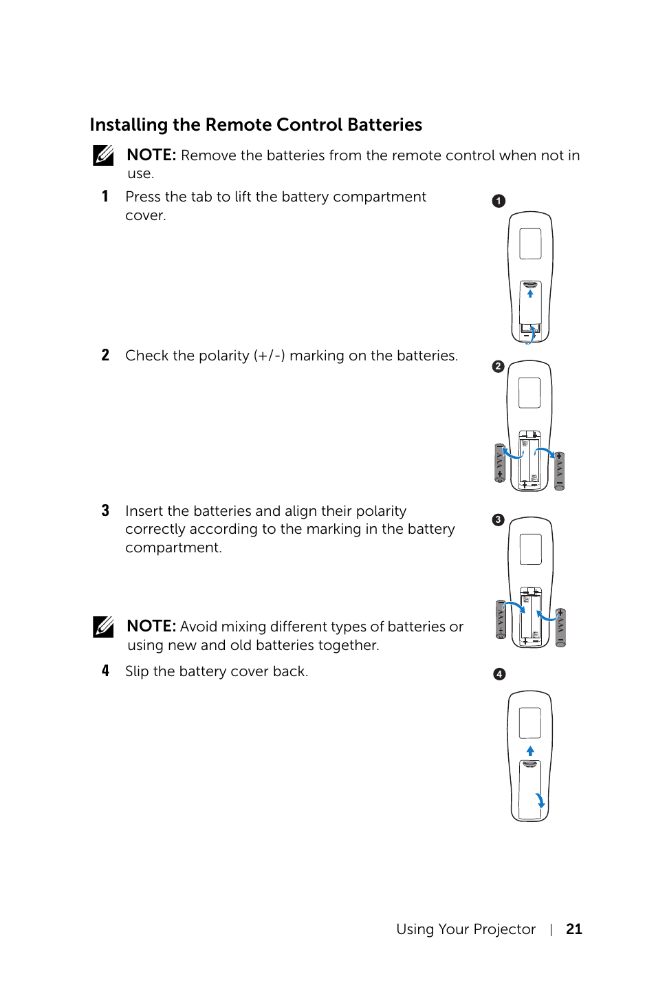 Installing the remote control batteries | Dell Projector 1220 User Manual | Page 21 / 55