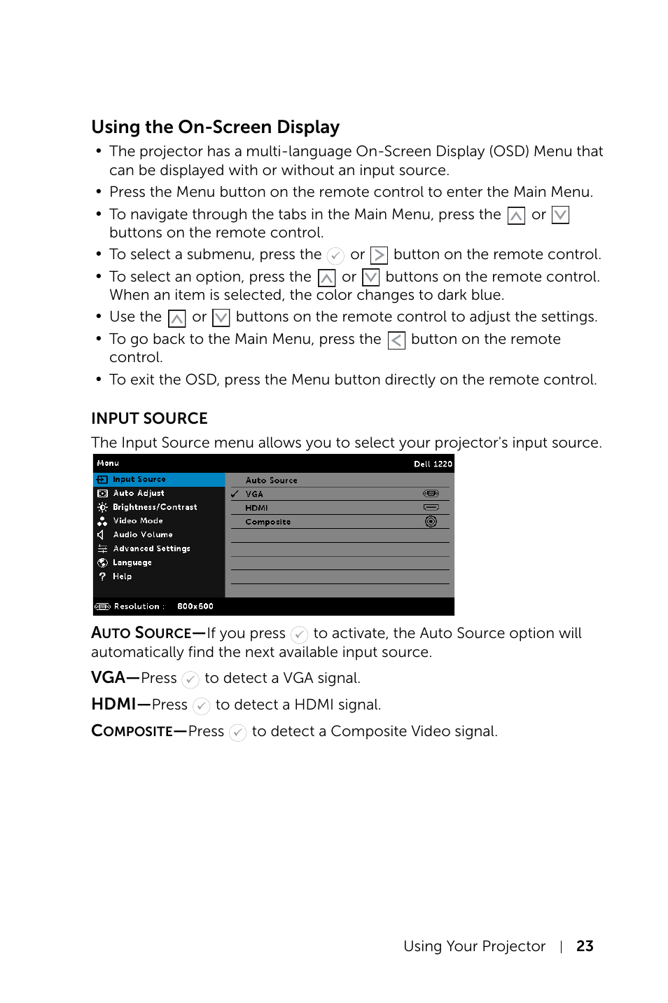 Using the on-screen display, Input source | Dell Projector 1220 User Manual | Page 23 / 55