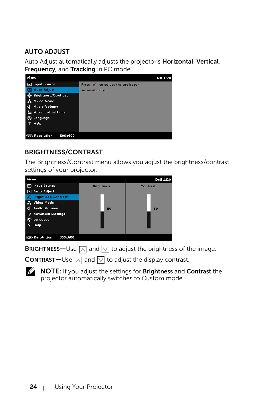 Auto adjust, Brightness/contrast | Dell Projector 1220 User Manual | Page 24 / 55