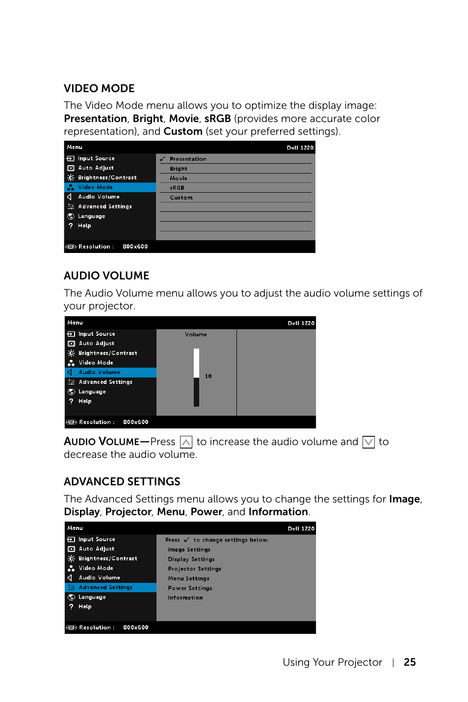 Video mode, Audio volume, Advanced settings | Dell Projector 1220 User Manual | Page 25 / 55