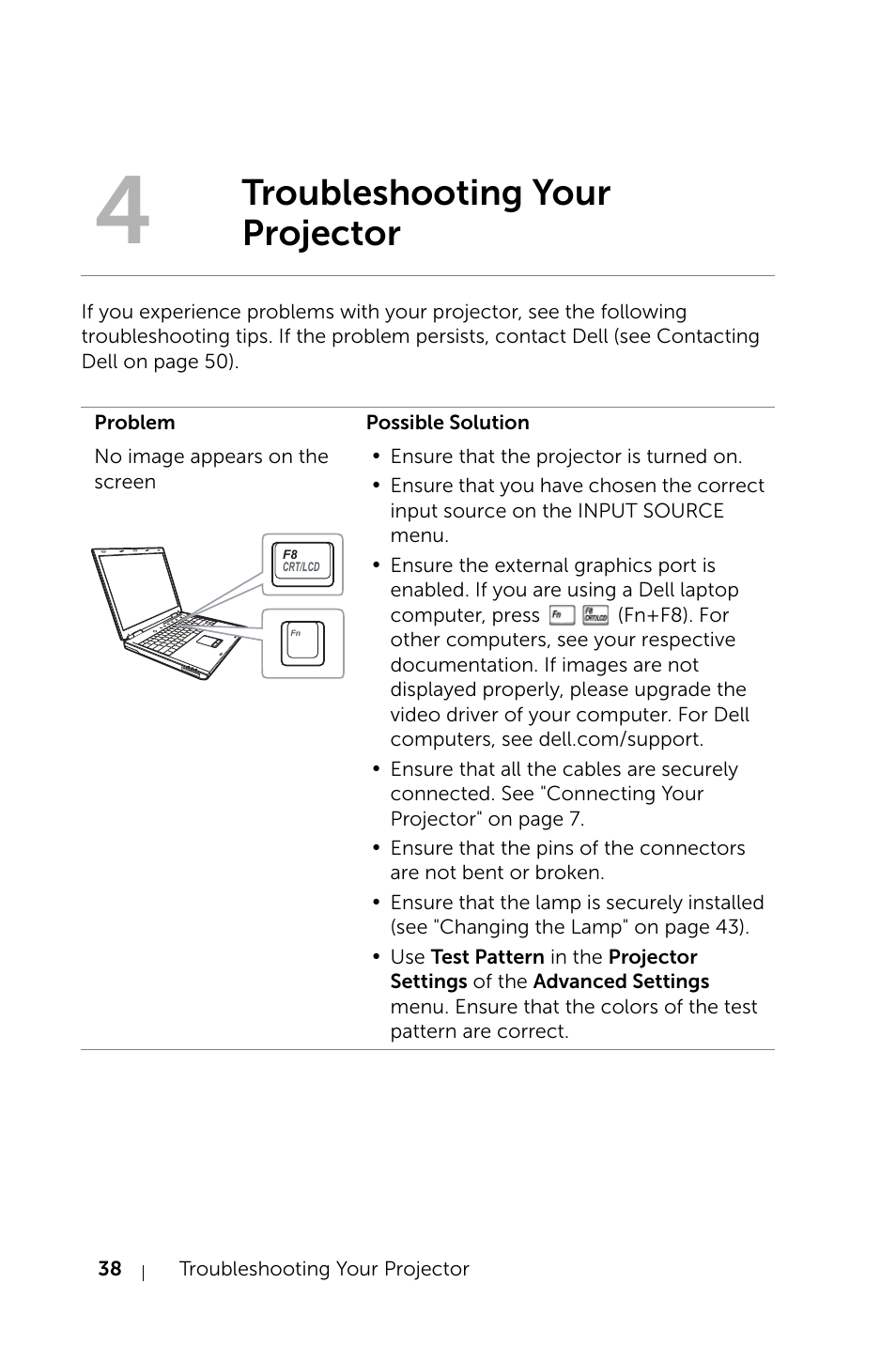 Troubleshooting your projector | Dell Projector 1220 User Manual | Page 38 / 55