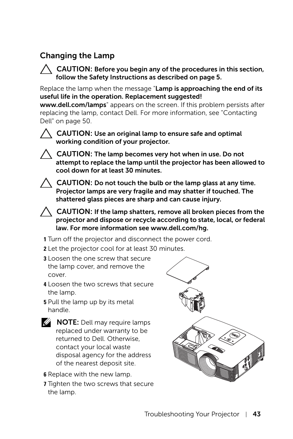 Changing the lamp | Dell Projector 1220 User Manual | Page 43 / 55
