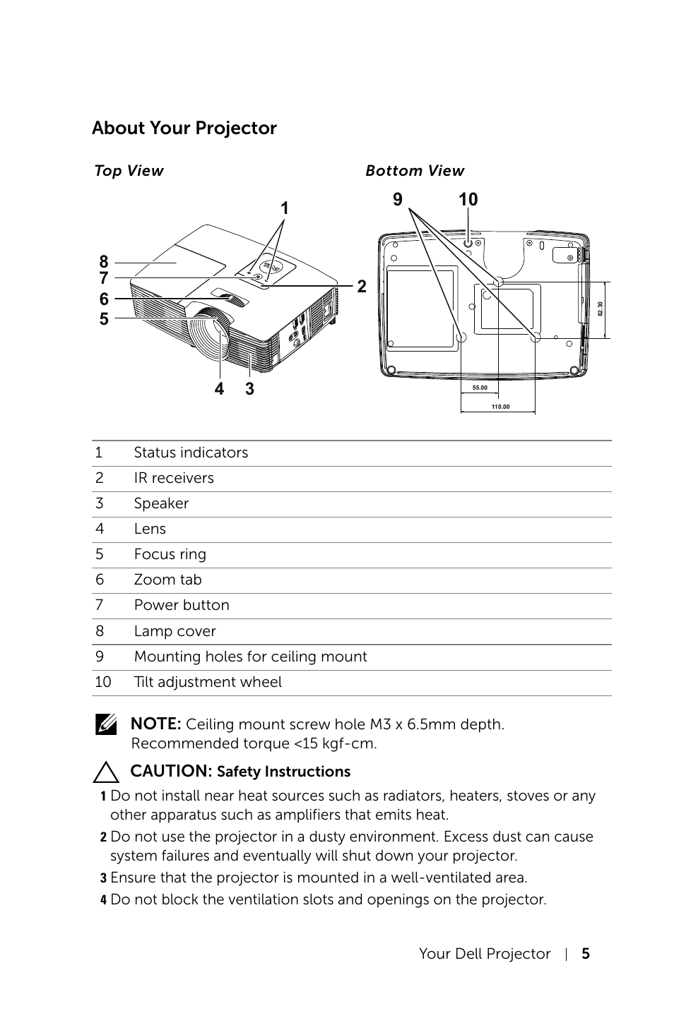 About your projector, Top view | Dell Projector 1220 User Manual | Page 5 / 55