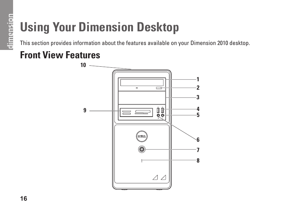 Using your dimension desktop, Front view features | Dell Dimension 2010 User Manual | Page 18 / 90