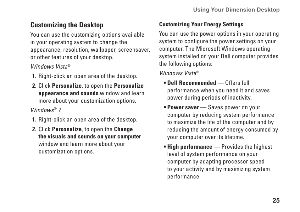 Customizing the desktop | Dell Dimension 2010 User Manual | Page 27 / 90