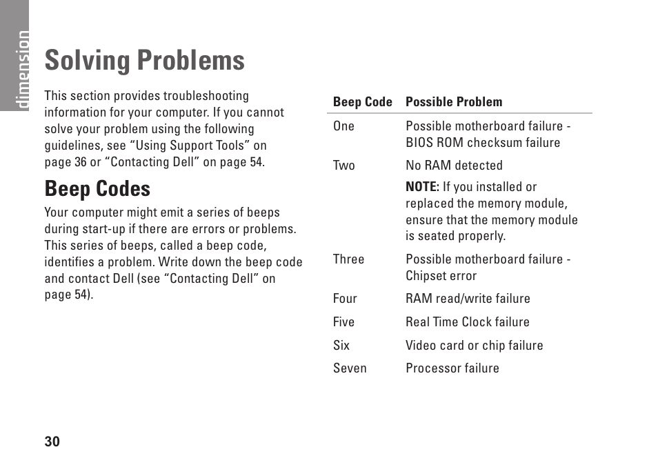 Solving problems, Beep codes | Dell Dimension 2010 User Manual | Page 32 / 90