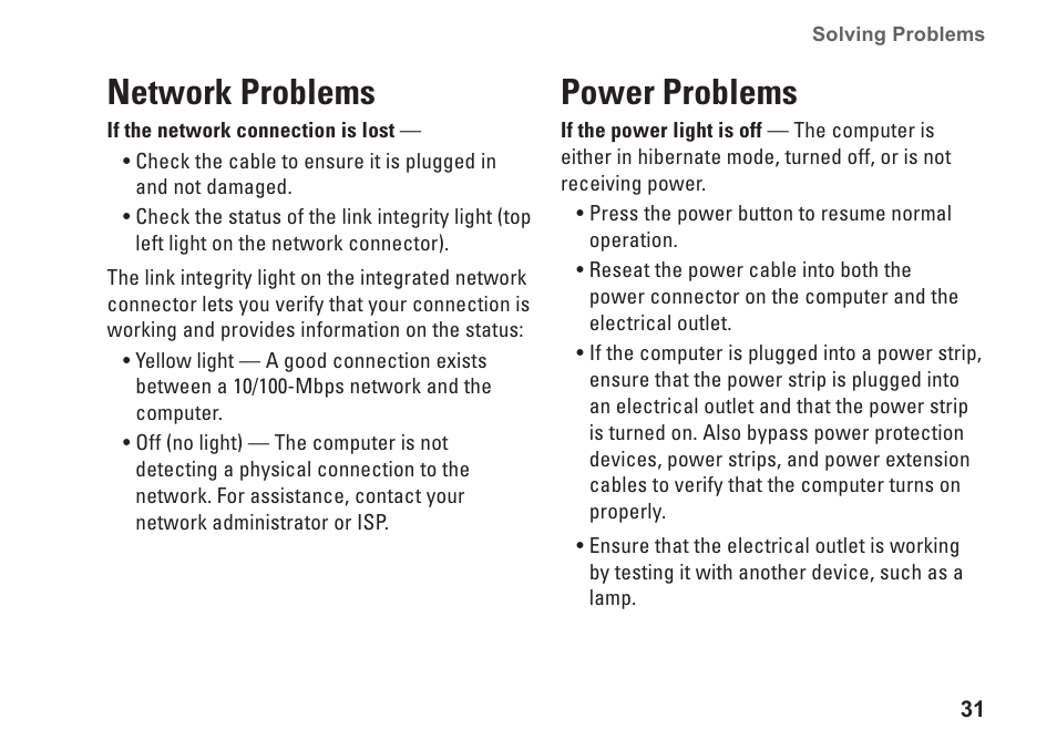 Network problems, Power problems | Dell Dimension 2010 User Manual | Page 33 / 90