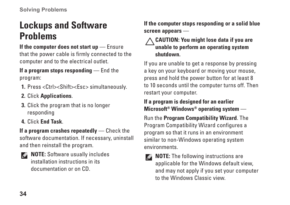 Lockups and software problems | Dell Dimension 2010 User Manual | Page 36 / 90