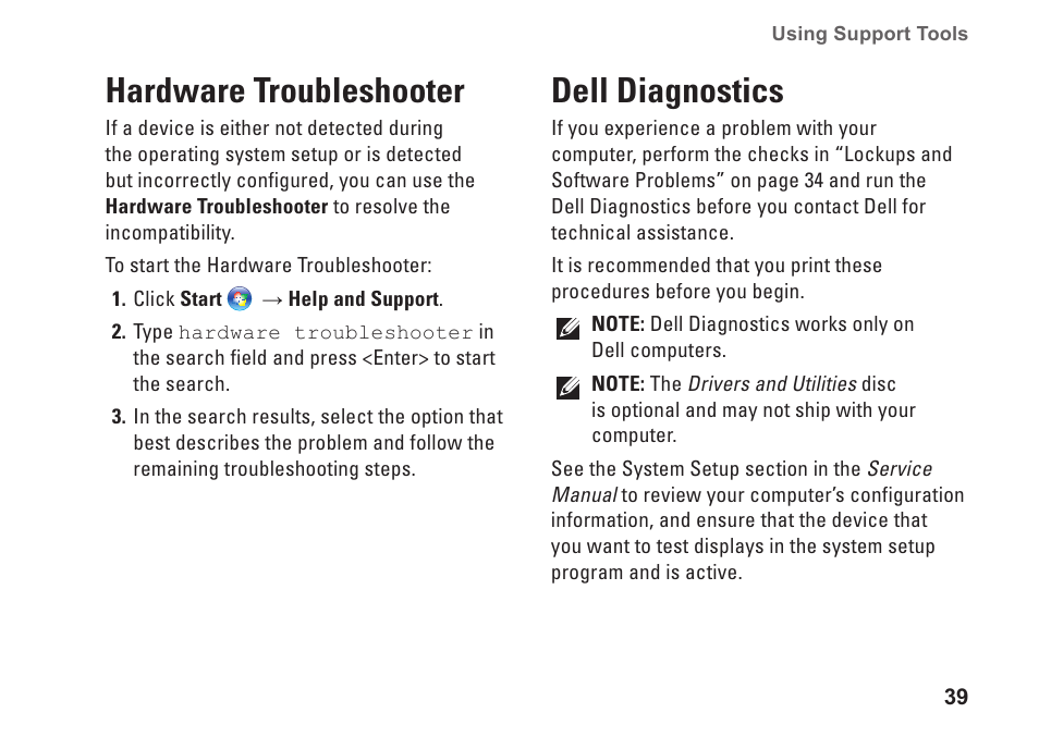 Hardware troubleshooter, Dell diagnostics | Dell Dimension 2010 User Manual | Page 41 / 90