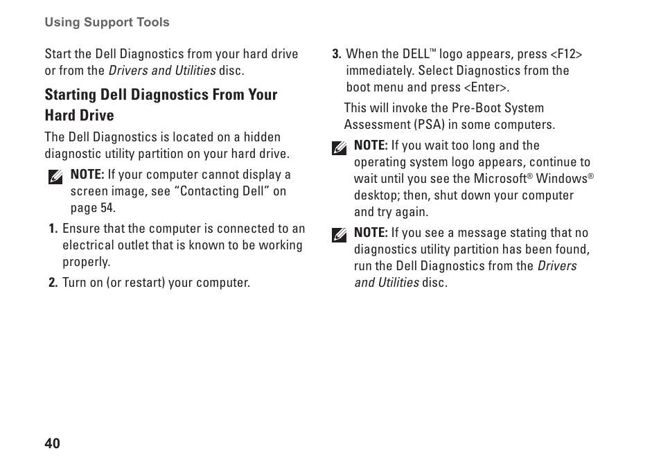 Starting dell diagnostics from your hard drive | Dell Dimension 2010 User Manual | Page 42 / 90