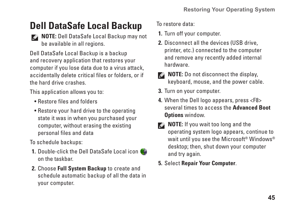 Dell datasafe local backup | Dell Dimension 2010 User Manual | Page 47 / 90