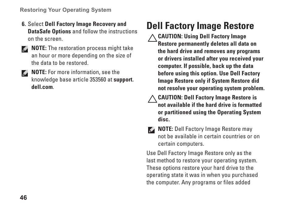 Dell factory image restore | Dell Dimension 2010 User Manual | Page 48 / 90