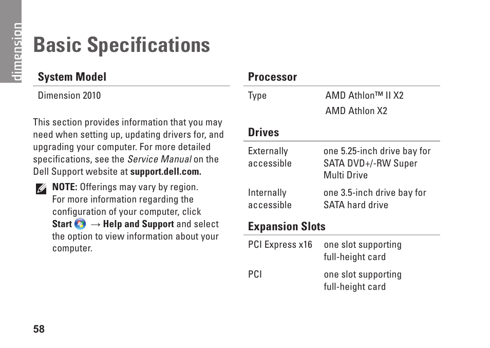 Basic specifications | Dell Dimension 2010 User Manual | Page 60 / 90