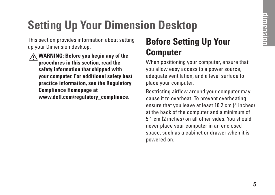 Setting up your dimension desktop, Before setting up your computer | Dell Dimension 2010 User Manual | Page 7 / 90