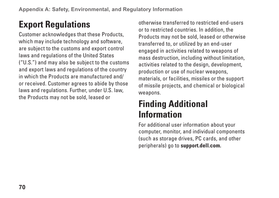 Export regulations, Finding additional information | Dell Dimension 2010 User Manual | Page 72 / 90