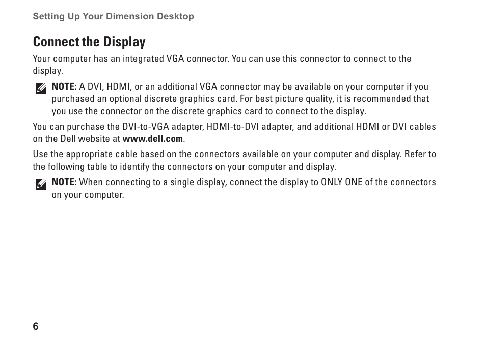 Connect the display | Dell Dimension 2010 User Manual | Page 8 / 90