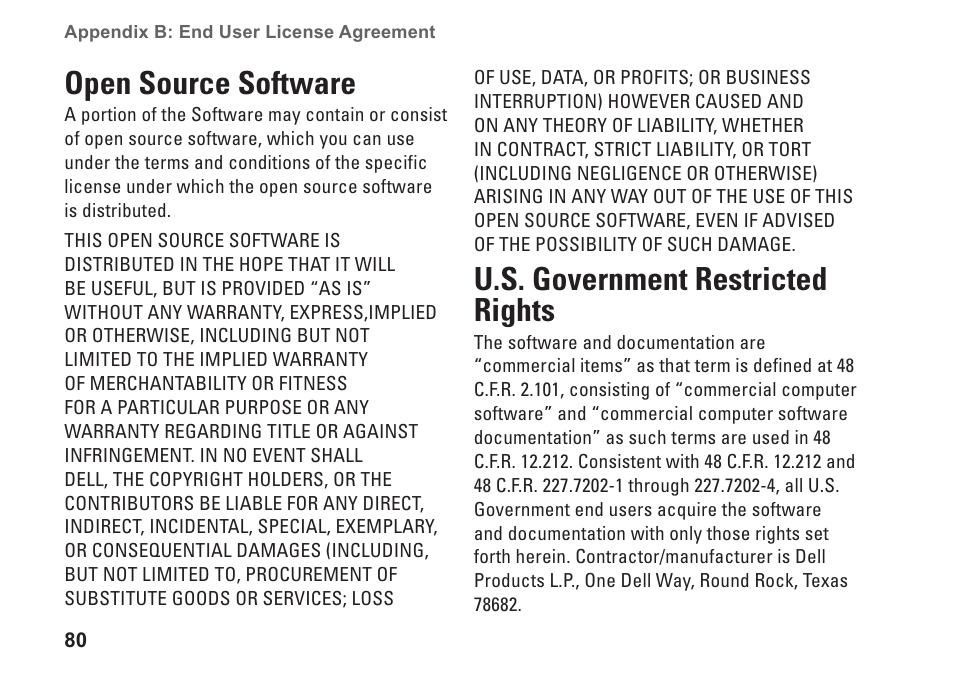 Open source software, U.s. government restricted rights | Dell Dimension 2010 User Manual | Page 82 / 90