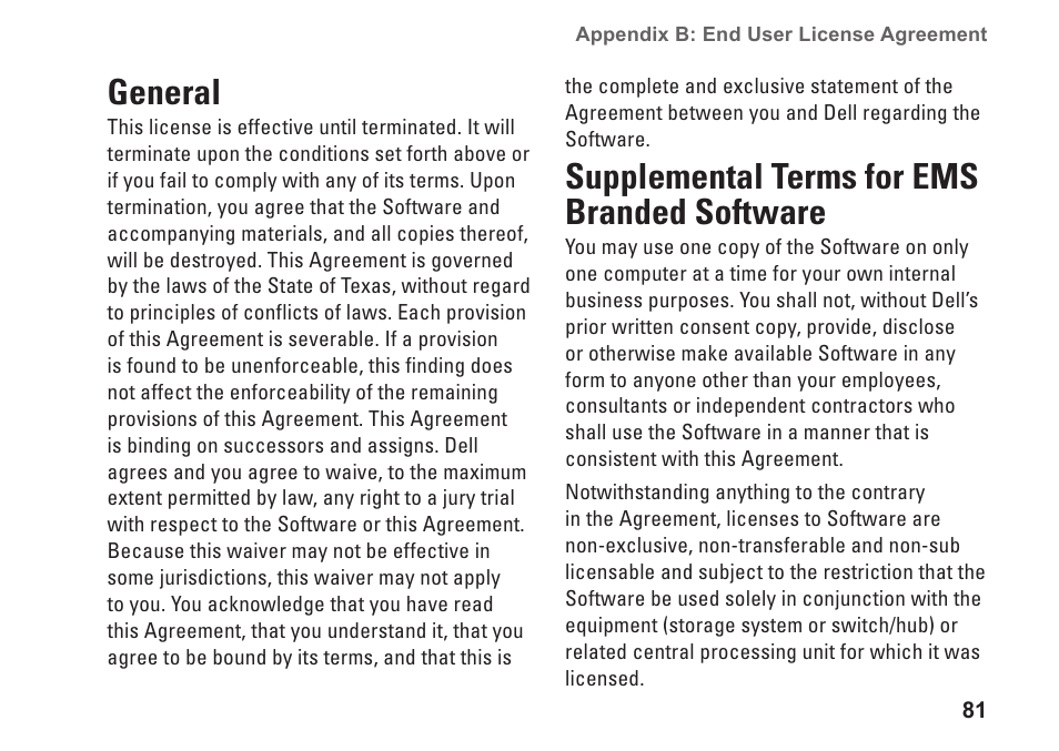 General, Supplemental terms for ems branded software | Dell Dimension 2010 User Manual | Page 83 / 90
