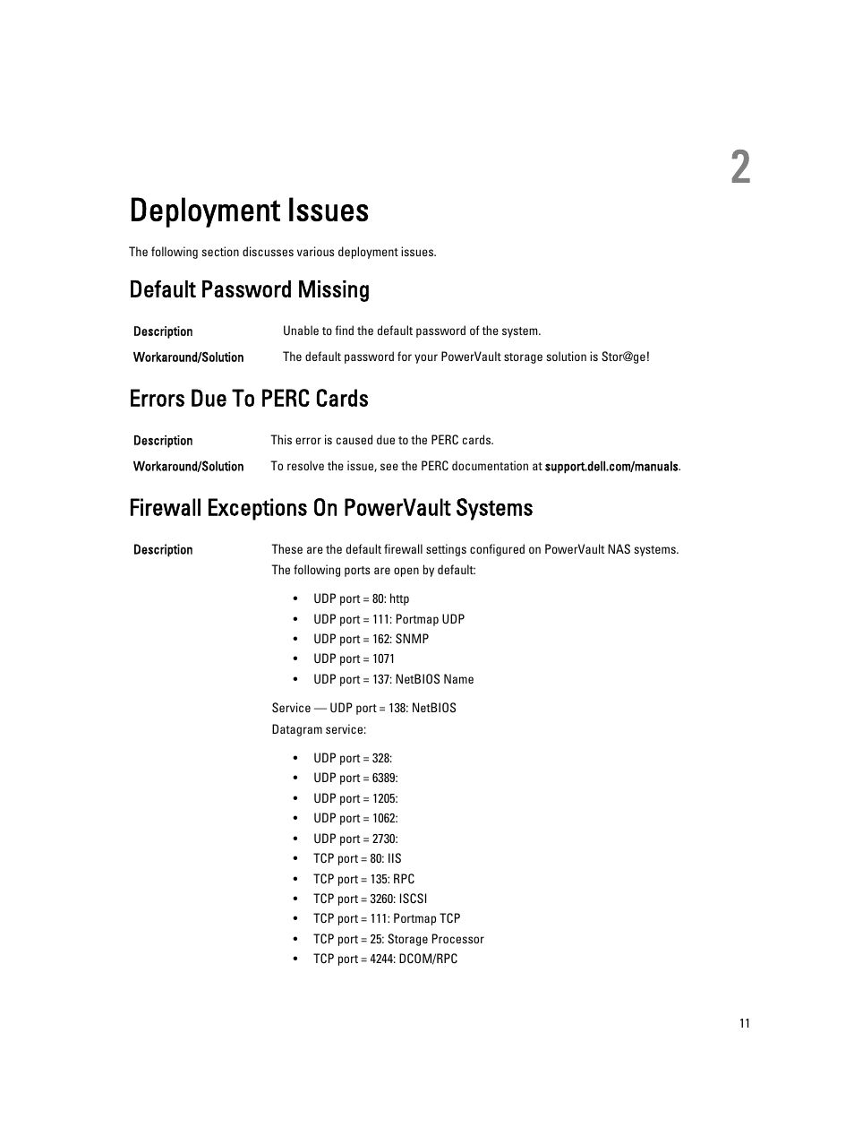 Deployment issues, Default password missing, Errors due to perc cards | Firewall exceptions on powervault systems, 2 deployment issues | Dell PowerVault NX3000 User Manual | Page 11 / 15