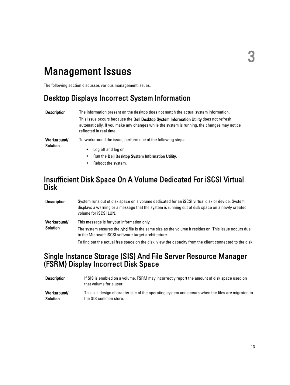 Management issues, Desktop displays incorrect system information, 3 management issues | Dell PowerVault NX3000 User Manual | Page 13 / 15