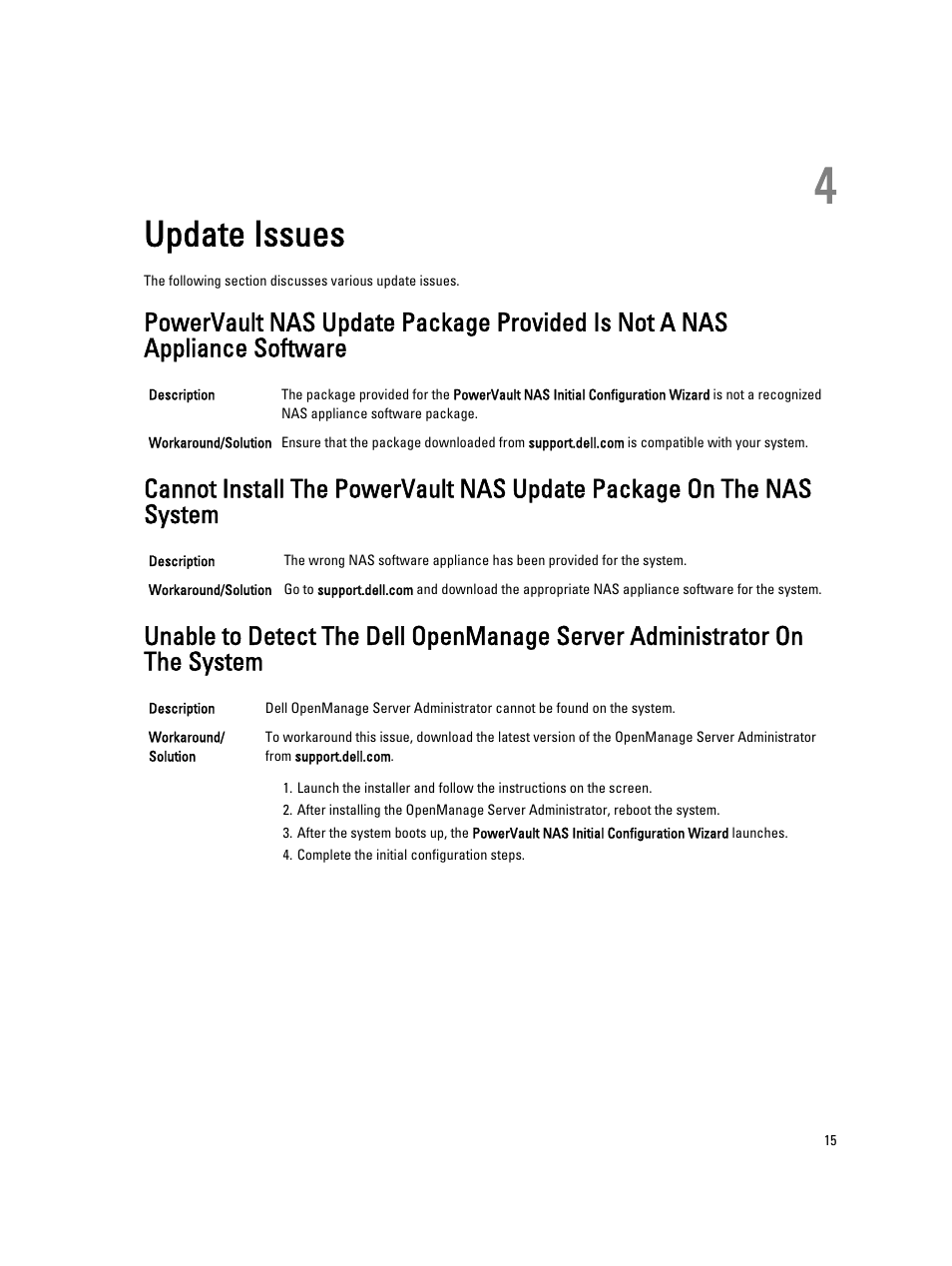 Update issues, 4 update issues | Dell PowerVault NX3000 User Manual | Page 15 / 15