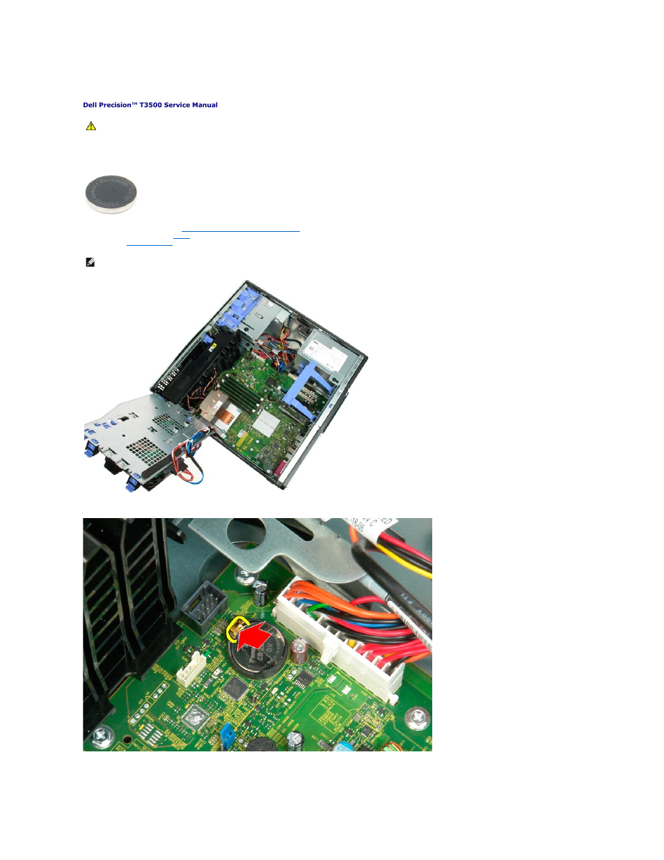 Battery, Removing the battery | Dell Precision T3500 (Early 2009) User Manual | Page 13 / 77