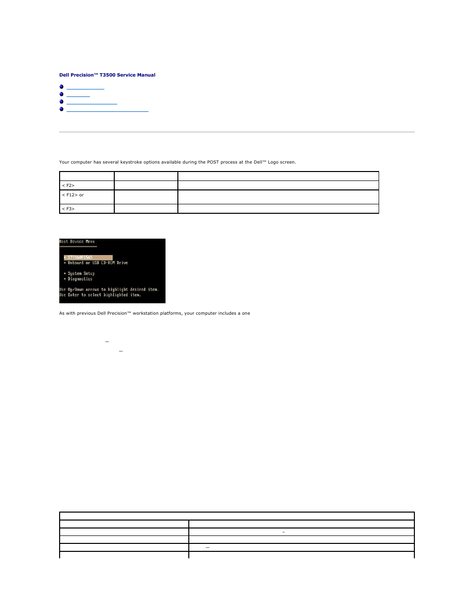 System setup, Post keystrokes, Boot menu | Entering system setup, System setup navigation keystrokes | Dell Precision T3500 (Early 2009) User Manual | Page 4 / 77
