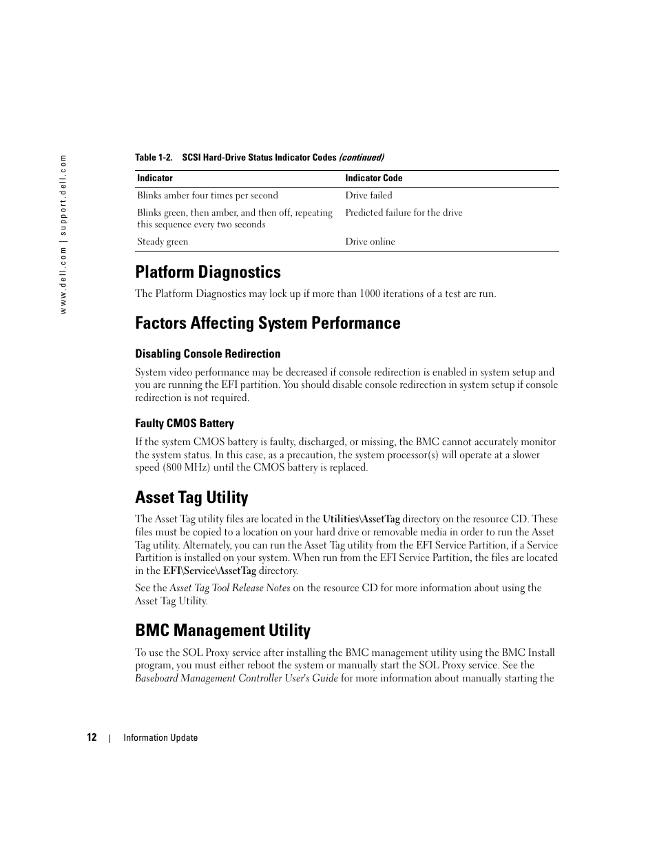 Platform diagnostics, Factors affecting system performance, Asset tag utility | Bmc management utility | Dell PowerEdge 7250 User Manual | Page 12 / 34
