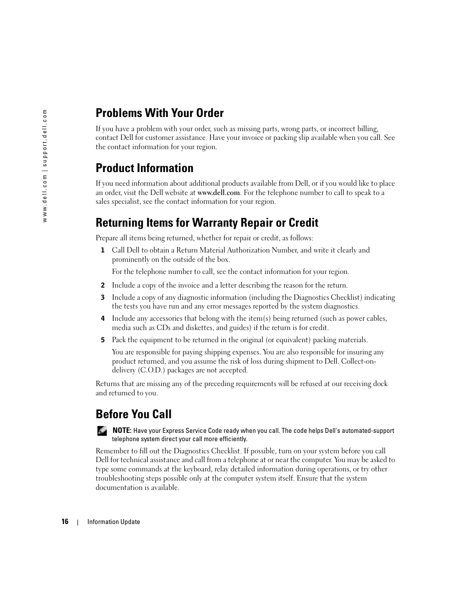 Problems with your order, Product information, Returning items for warranty repair or credit | Before you call | Dell PowerEdge 7250 User Manual | Page 16 / 34