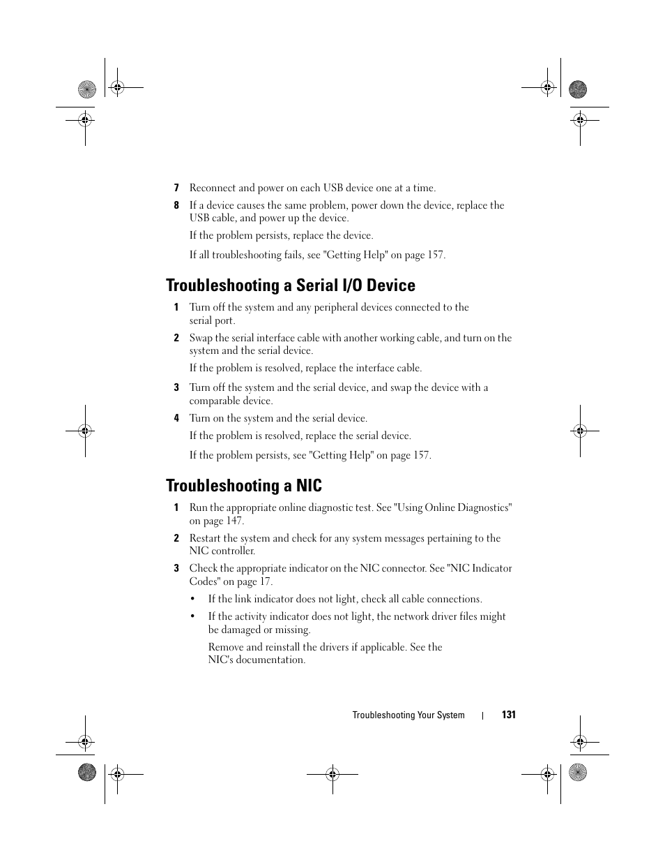 Troubleshooting a serial i/o device, Troubleshooting a nic | Dell PowerVault DL2200 CommVault User Manual | Page 131 / 164