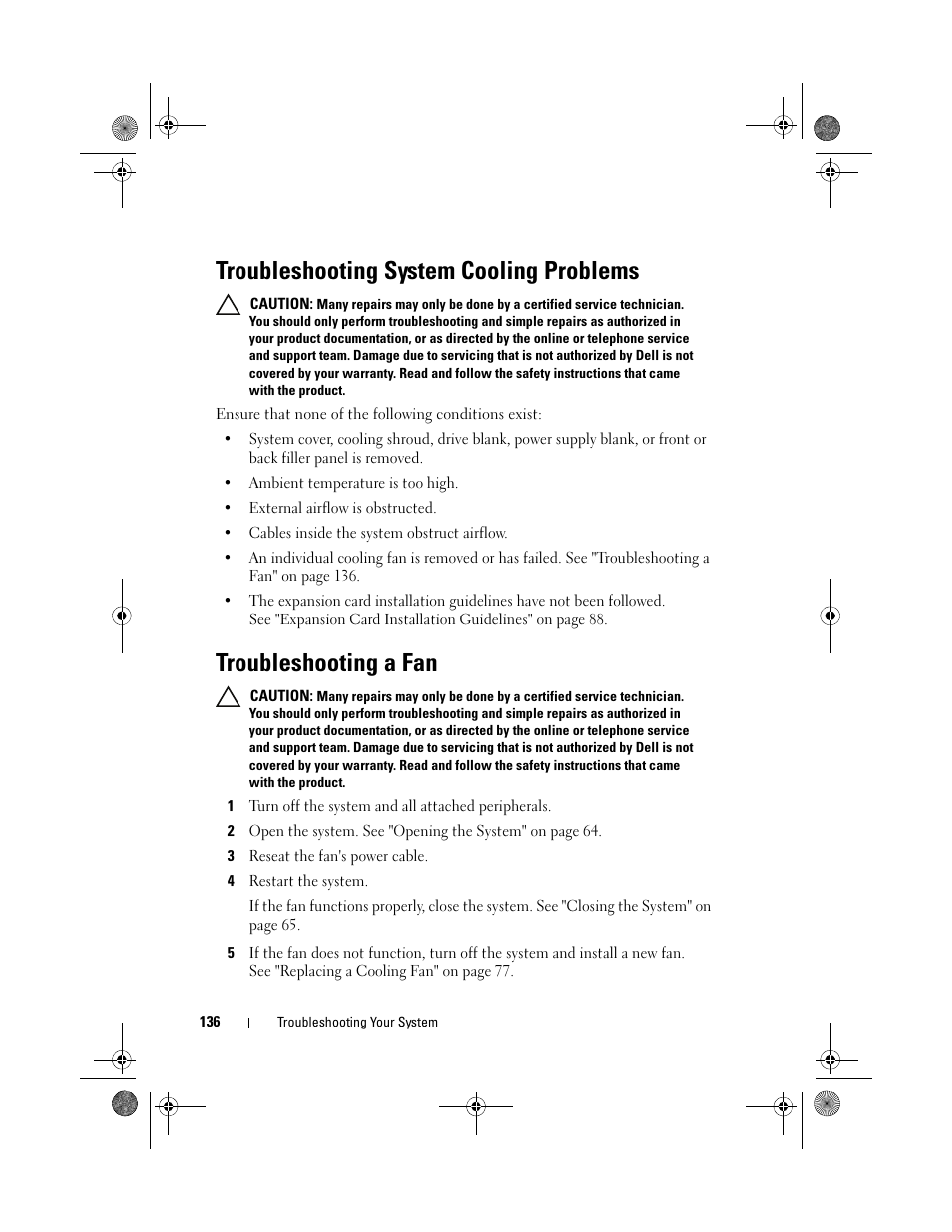 Troubleshooting system cooling problems, Troubleshooting a fan | Dell PowerVault DL2200 CommVault User Manual | Page 136 / 164