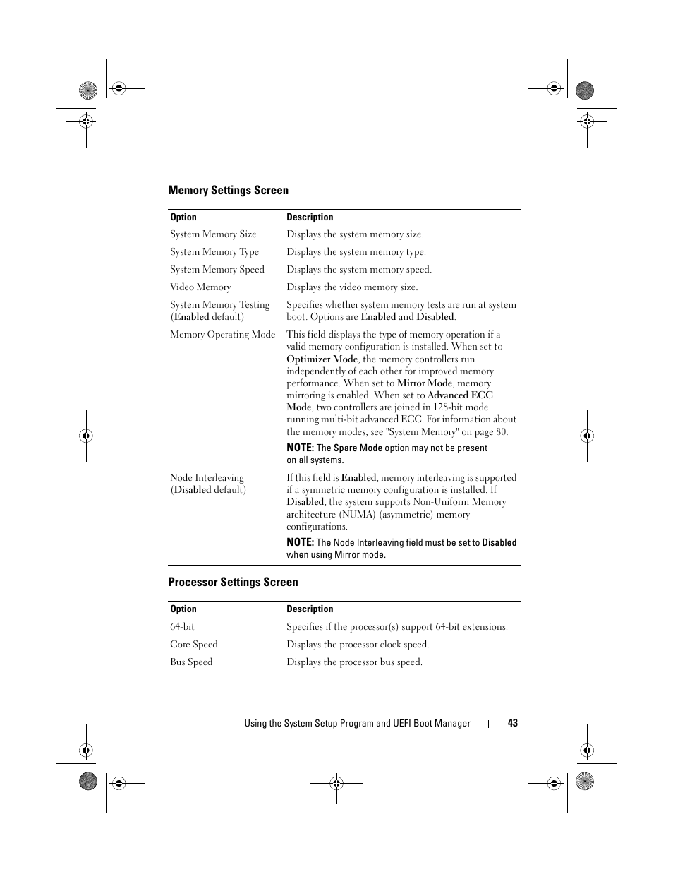 Memory settings screen, Processor settings screen | Dell PowerVault DL2200 CommVault User Manual | Page 43 / 164