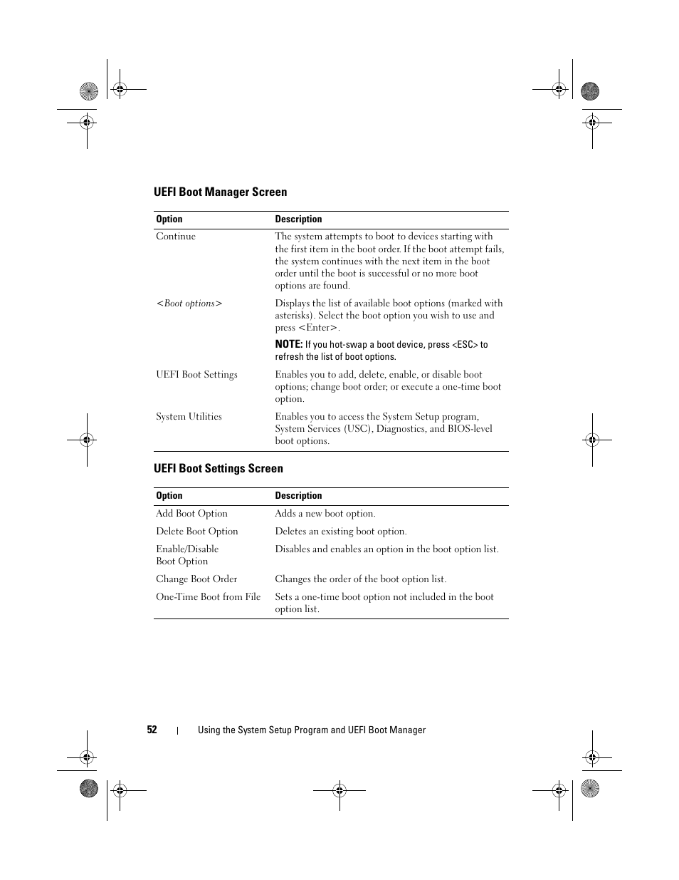 Uefi boot manager screen, Uefi boot settings screen | Dell PowerVault DL2200 CommVault User Manual | Page 52 / 164