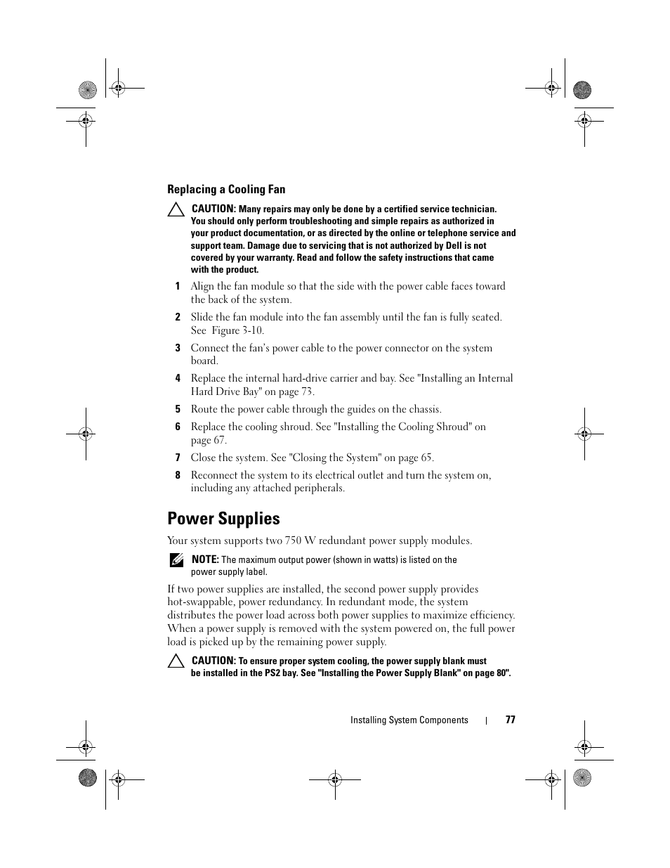 Replacing a cooling fan, Power supplies | Dell PowerVault DL2200 CommVault User Manual | Page 77 / 164